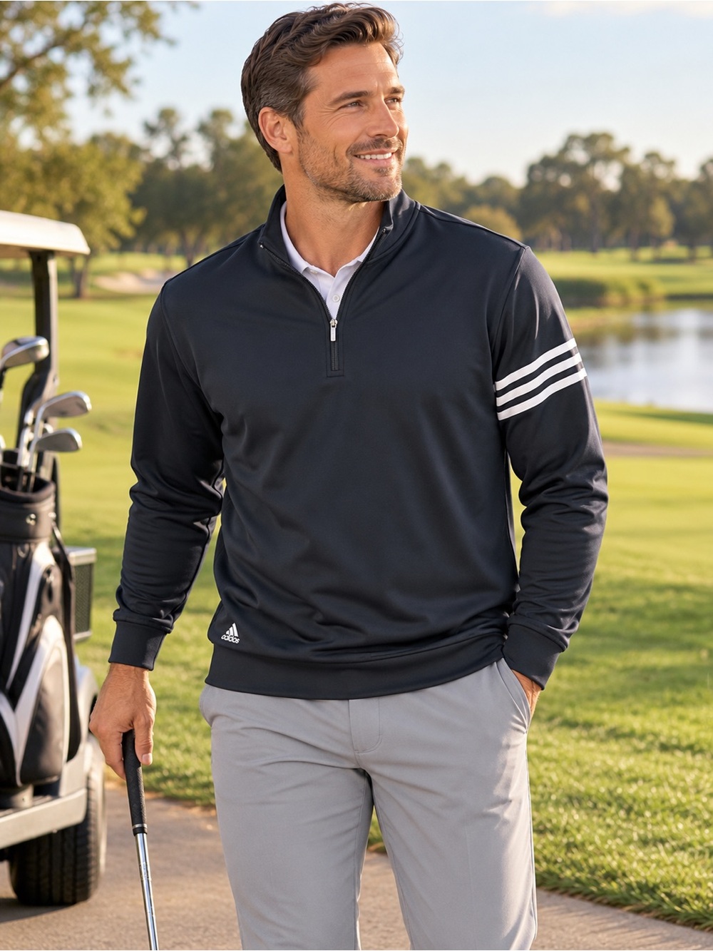 Adidas Golf Mens Large Black Climalite 3-Stripes Quarter Zip Pullover NWT